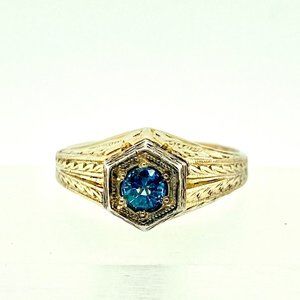 14Kt Gold Art Deco Hand Engraved Authentic Natural Sapphire Diestruck 8.75 Ring